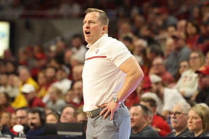 Jan 10, 2023; Ames, Iowa, USA; Iowa State Cyclones head coach T. J. Otzelberger watches his team play the Texas Tech Red Raiders at James H. Hilton Coliseum.The Cyclones beat the Red Raiders 84 to 50.  Mandatory Credit: Reese Strickland-USA TODAY Sports