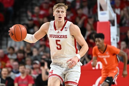 Jan 10, 2023; Lincoln, Nebraska, USA;  Nebraska Cornhuskers guard Sam Griesel (5) dribbles up court against the Illinois Fighting Illini in the first half at Pinnacle Bank Arena. Mandatory Credit: Steven Branscombe-USA TODAY Sports