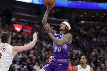 Jan 10, 2023; Salt Lake City, Utah, USA;  Utah Jazz guard Jordan Clarkson (00) shoots the ball during the third quarter against the Cleveland Cavaliers at Vivint Arena. Mandatory Credit: Chris Nicoll-USA TODAY Sports