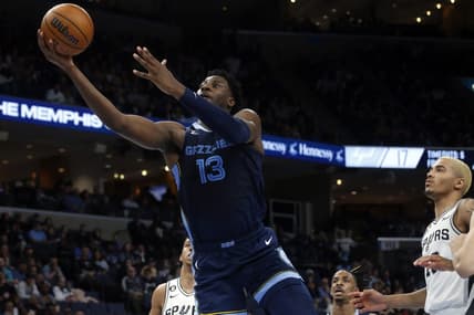 Jan 11, 2023; Memphis, Tennessee, USA; Memphis Grizzlies forward Jaren Jackson Jr. (13) drives to the basket during the first half against the San Antonio Spurs at FedExForum. Mandatory Credit: Petre Thomas-USA TODAY Sports