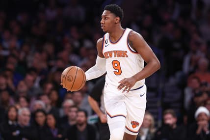 Jan 11, 2023; New York, New York, USA; New York Knicks guard RJ Barrett (9) dribbles up court during the fourth quarter against the Indiana Pacers at Madison Square Garden. Mandatory Credit: Vincent Carchietta-USA TODAY Sports
