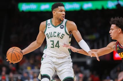 Jan 11, 2023; Atlanta, Georgia, USA; Milwaukee Bucks forward Giannis Antetokounmpo (34) dribbles against the Atlanta Hawks in the second half at State Farm Arena. Mandatory Credit: Brett Davis-USA TODAY Sports