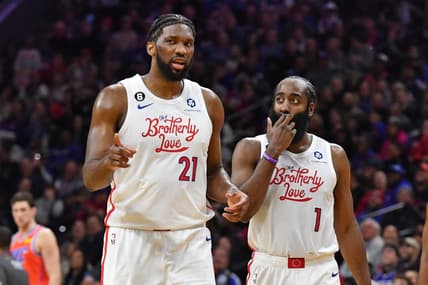 Jan 12, 2023; Philadelphia, Pennsylvania, USA; Philadelphia 76ers center Joel Embiid (21) and guard James Harden (1) against the Oklahoma City Thunder during the fourth quarter at Wells Fargo Center. Mandatory Credit: Eric Hartline-USA TODAY Sports