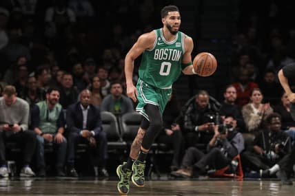 Jan 12, 2023; Brooklyn, New York, USA;  Boston Celtics forward Jayson Tatum (0) brings the ball up court in the first quarter against the Brooklyn Nets at Barclays Center. Mandatory Credit: Wendell Cruz-USA TODAY Sports
