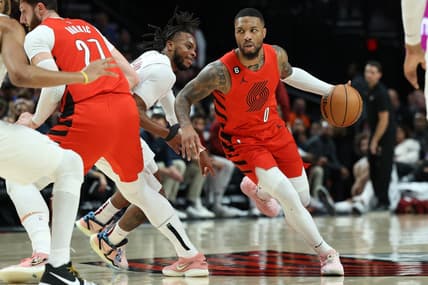 Jan 12, 2023; Portland, Oregon, USA; Portland Trail Blazers guard Damian Lillard (0) dribbles the ball against the Cleveland Cavaliers in the first half at Moda Center. Mandatory Credit: Jaime Valdez-USA TODAY Sports