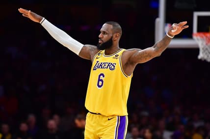 Jan 12, 2023; Los Angeles, California, USA; Los Angeles Lakers forward LeBron James (6) reacts against the Dallas Mavericks during the second half at Crypto.com Arena. Mandatory Credit: Gary A. Vasquez-USA TODAY Sports