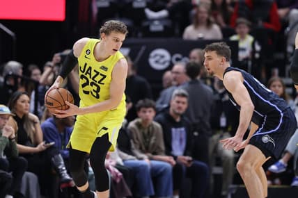 Jan 13, 2023; Salt Lake City, Utah, USA; Utah Jazz forward Lauri Markkanen (23) looks to move that ball against Orlando Magic forward Franz Wagner (22) in the first quarter at Vivint Arena. Mandatory Credit: Rob Gray-USA TODAY Sports