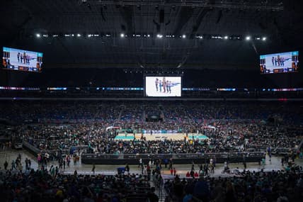 Jan 13, 2023; San Antonio, Texas, USA;  A view of the court during the game between the Golden State Warriors and the San Antonio Spurs at the Alamodome. Mandatory Credit: Daniel Dunn-USA TODAY Sports