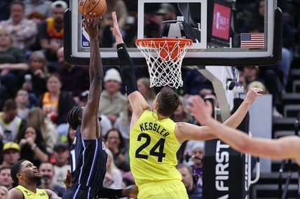 Jan 13, 2023; Salt Lake City, Utah, USA; Utah Jazz center Walker Kessler (24) blocks the shot of Orlando Magic center Mo Bamba (11) in the fourth quarter at Vivint Arena. Mandatory Credit: Rob Gray-USA TODAY Sports