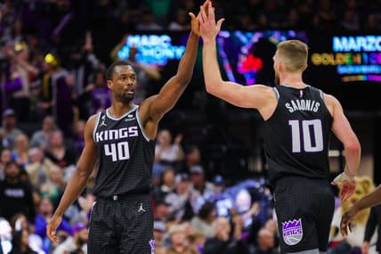 Jan 13, 2023; Sacramento, California, USA; Sacramento Kings forward Harrison Barnes (40) celebrates with forward Domantas Sabonis (10) during the fourth quarter against the Houston Rockets at Golden 1 Center. Mandatory Credit: Sergio Estrada-USA TODAY Sports