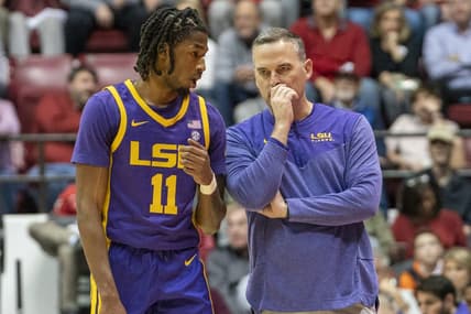 Jan 14, 2023; Tuscaloosa, Alabama, USA; LSU Tigers guard Justice Williams (11) talks to head coach Matt McMahon during the second half against the Alabama Crimson Tide at Coleman Coliseum. Mandatory Credit: Marvin Gentry-USA TODAY Sports