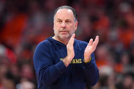 Jan 14, 2023; Syracuse, New York, USA; Notre Dame Fighting Irish head coach Mike Brey reacts to a play against the Syracuse Orange during the first half at the JMA Wireless Dome. Mandatory Credit: Rich Barnes-USA TODAY Sports