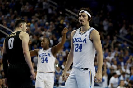 Jan 14, 2023; Los Angeles, California, USA;  UCLA Bruins guard Jaime Jaquez Jr. (24) reacts to a play during the second half against the Colorado Buffaloes at Pauley Pavilion presented by Wescom. Mandatory Credit: Kiyoshi Mio-USA TODAY Sports