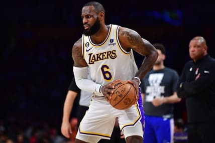 Jan 15, 2023; Los Angeles, California, USA; Los Angeles Lakers forward LeBron James (6) controls the ball against the Philadelphia 76ers during the second half at Crypto.com Arena. Mandatory Credit: Gary A. Vasquez-USA TODAY Sports