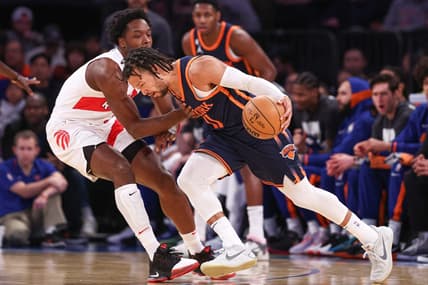 Jan 16, 2023; New York, New York, USA; New York Knicks guard Jalen Brunson (11) dribbles against Toronto Raptors forward O.G. Anunoby (3) during the first quarter at Madison Square Garden. Mandatory Credit: Vincent Carchietta-USA TODAY Sports