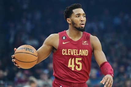 Jan 16, 2023; Cleveland, Ohio, USA; Cleveland Cavaliers guard Donovan Mitchell (45) brings the ball up court during the first quarter against the New Orleans Pelicans at Rocket Mortgage FieldHouse. Mandatory Credit: Ken Blaze-USA TODAY Sports