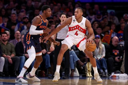 Jan 16, 2023; New York, New York, USA; Toronto Raptors forward Scottie Barnes (4) dribbles against New York Knicks guard RJ Barrett (9) during the second half at Madison Square Garden. Mandatory Credit: Vincent Carchietta-USA TODAY Sports