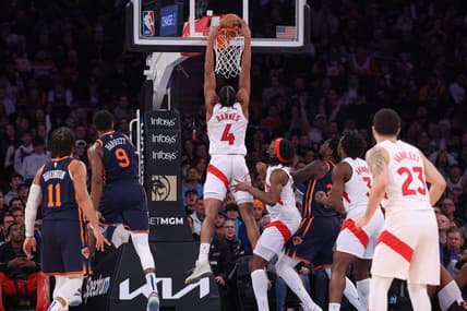 Jan 16, 2023; New York, New York, USA; Toronto Raptors forward Scottie Barnes (4) dunks the ball during overtime against the New York Knicks at Madison Square Garden. Mandatory Credit: Vincent Carchietta-USA TODAY Sports