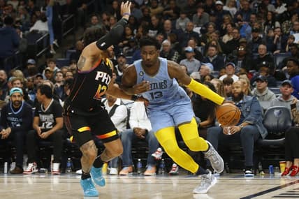 Jan 16, 2023; Memphis, Tennessee, USA; Memphis Grizzlies forward Jaren Jackson Jr. (13) drives to the basket as Phoenix Suns forward Ish Wainright (12) defends during the first half at FedExForum. Mandatory Credit: Petre Thomas-USA TODAY Sports
