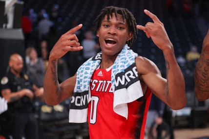 Jan 17, 2023; Atlanta, Georgia, USA; North Carolina State Wolfpack guard Terquavion Smith (0) celebrates after a victory against the Georgia Tech Yellow Jackets at McCamish Pavilion. Mandatory Credit: Brett Davis-USA TODAY Sports