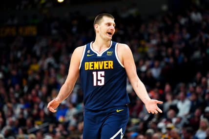 Jan 17, 2023; Denver, Colorado, USA; Denver Nuggets center Nikola Jokic (15) reacts in the second half against the Portland Trail Blazers at Ball Arena. Mandatory Credit: Ron Chenoy-USA TODAY Sports