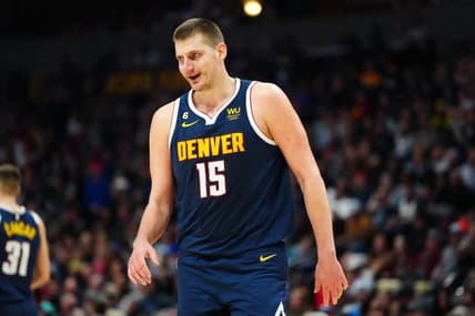 Jan 17, 2023; Denver, Colorado, USA; Denver Nuggets center Nikola Jokic (15) reacts in the second half against the Portland Trail Blazers at Ball Arena. Mandatory Credit: Ron Chenoy-USA TODAY Sports