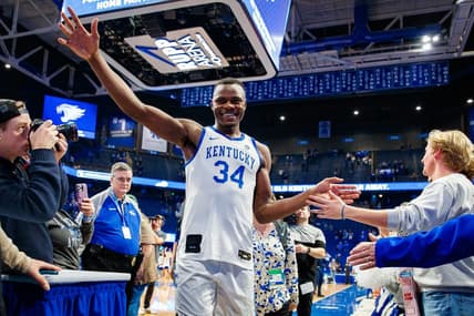 Jan 17, 2023; Lexington, Kentucky, USA; Kentucky Wildcats forward Oscar Tshiebwe (34) greets fans after the game against the Georgia Bulldogs at Rupp Arena at Central Bank Center. Mandatory Credit: Jordan Prather-USA TODAY Sports