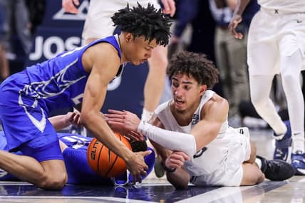 Jan 11, 2023; Cincinnati, Ohio, USA; Creighton Bluejays guard Trey Alexander (23) battles for the ball against Xavier Musketeers guard Colby Jones (3) in the second half at Cintas Center. Mandatory Credit: Katie Stratman-USA TODAY Sports