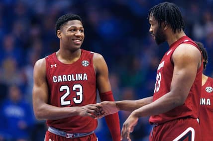 Jan 10, 2023; Lexington, Kentucky, USA; South Carolina Gamecocks forward Gregory Jackson II (23) and forward Josh Gray (33) wait for tip-off before the game against the Kentucky Wildcats at Rupp Arena at Central Bank Center. Mandatory Credit: Jordan Prather-USA TODAY Sports