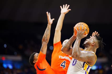 Jan 18, 2023; Baton Rouge, Louisiana, USA; LSU Tigers guard Trae Hannibal (0) shoots the ball against against the Auburn Tigers during the first half at Pete Maravich Assembly Center. Mandatory Credit: Andrew Wevers-USA TODAY Sports