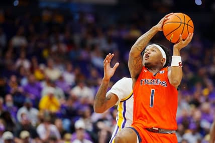 Jan 18, 2023; Baton Rouge, Louisiana, USA; Auburn Tigers guard Wendell Green Jr. (1) shoots the ball against the LSU Tigers during the second half at Pete Maravich Assembly Center. Mandatory Credit: Andrew Wevers-USA TODAY Sports