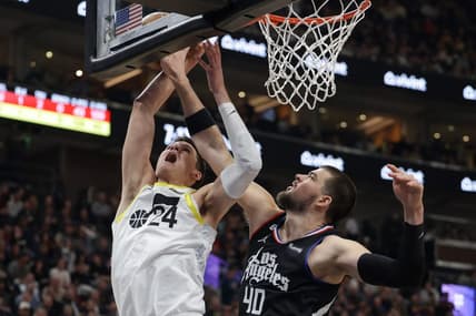 Jan 18, 2023; Salt Lake City, Utah, USA;  LA Clippers center Ivica Zubac (40) blocks the shot of Utah Jazz center Walker Kessler (24) during the first quarter at Vivint Arena. Mandatory Credit: Chris Nicoll-USA TODAY Sports