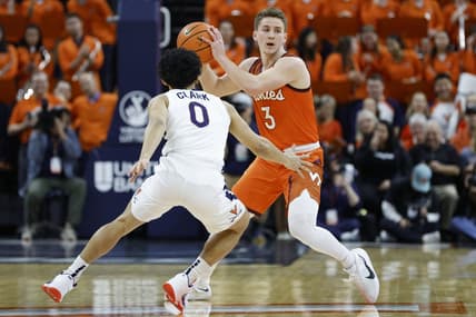 Jan 18, 2023; Charlottesville, Virginia, USA; Virginia Tech Hokies guard Sean Pedulla (3) holds the ball as Virginia Cavaliers guard Kihei Clark (0) defends in the first half at John Paul Jones Arena. Mandatory Credit: Geoff Burke-USA TODAY Sports