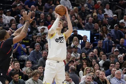 Jan 18, 2023; Salt Lake City, Utah, USA;  Utah Jazz forward Lauri Markkanen (23) shoots an open jump shot against the LA Clippers during the second quarter at Vivint Arena. Mandatory Credit: Chris Nicoll-USA TODAY Sports