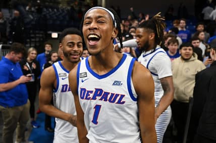 Jan 18, 2023; Chicago, Illinois, USA; DePaul Blue Demons forward Javan Johnson (1) celebrates after upsetting the Xavier Musketeers 73-72at Wintrust Arena. Mandatory Credit: Jamie Sabau-USA TODAY Sports