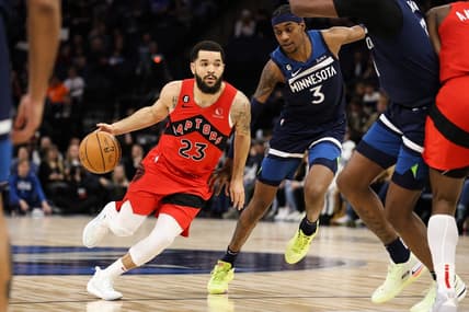 Jan 19, 2023; Minneapolis, Minnesota, USA; Toronto Raptors guard Fred VanVleet (23) dribbles while Minnesota Timberwolves forward Jaden McDaniels (3) defends during the first quarter at Target Center. Mandatory Credit: Matt Krohn-USA TODAY Sports
