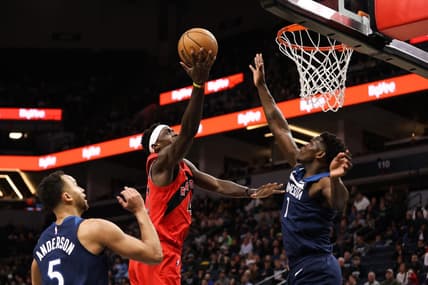 Jan 19, 2023; Minneapolis, Minnesota, USA; Toronto Raptors forward Pascal Siakam (43) shoots while Minnesota Timberwolves guard Anthony Edwards (1) defends during the first quarter at Target Center. Mandatory Credit: Matt Krohn-USA TODAY Sports