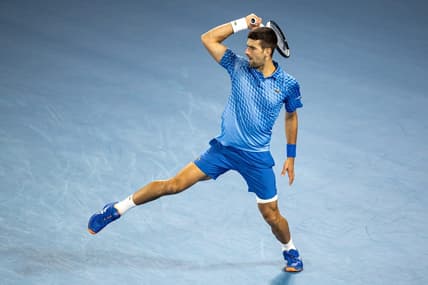 Jan 19, 2023; Melbourne, Victoria, Australia; Novak Djokovic from Serbia during his second round match against Enzo Couacaud from France on day four of the 2023 Australian Open tennis tournament at Melbourne Park. Mandatory Credit: Mike Frey-USA TODAY Sports