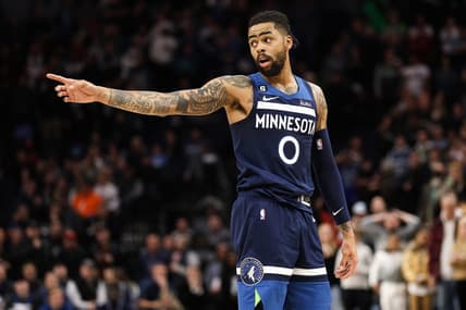 Jan 19, 2023; Minneapolis, Minnesota, USA; Minnesota Timberwolves guard D'Angelo Russell (0) looks on during the fourth quarter against the Toronto Raptors at Target Center. Mandatory Credit: Matt Krohn-USA TODAY Sports