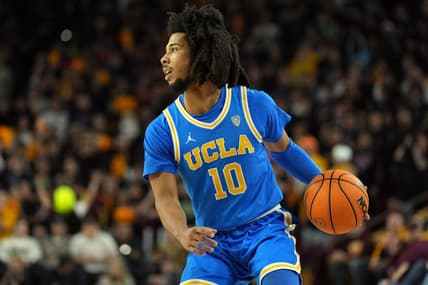 Jan 19, 2023; Tempe, Arizona, USA; UCLA Bruins guard Tyger Campbell (10) dribbles against the Arizona State Sun Devils during the first half at Desert Financial Arena. Mandatory Credit: Joe Camporeale-USA TODAY Sports