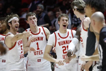 Jan 19, 2023; Salt Lake City, Utah, USA; The Utah Utes bench reacts to a basket by center Branden Carlson (35) against the Washington State Cougars at Jon M. Huntsman Center. Mandatory Credit: Jeffrey Swinger-USA TODAY Sports