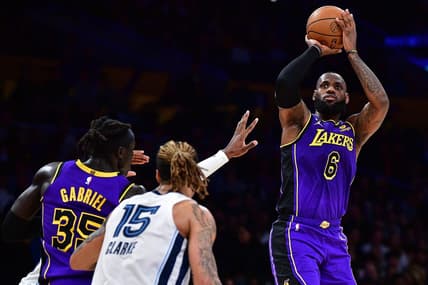 January 20, 2023; Los Angeles, California, USA; Los Angeles Lakers forward LeBron James (6) shoots against the Memphis Grizzlies during the first half at Crypto.com Arena. Mandatory Credit: Gary A. Vasquez-USA TODAY Sports
