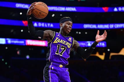 January 20, 2023; Los Angeles, California, USA; Los Angeles Lakers guard Dennis Schroder (17) gets a rebound against the Memphis Grizzlies during the second half at Crypto.com Arena. Mandatory Credit: Gary A. Vasquez-USA TODAY Sports