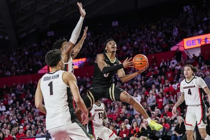 Jan 21, 2023; Athens, Georgia, USA; Vanderbilt Commodores guard Tyrin Lawrence (0) jumps towards the basket against the Georgia Bulldogs during the first half at Stegeman Coliseum. Mandatory Credit: Dale Zanine-USA TODAY Sports