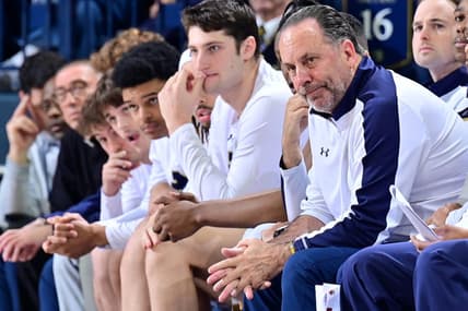 Jan 21, 2023; South Bend, Indiana, USA; Notre Dame Fighting Irish head coach Mike Brey watches in the second half against the Boston College Eagles at the Purcell Pavilion. Mandatory Credit: Matt Cashore-USA TODAY Sports