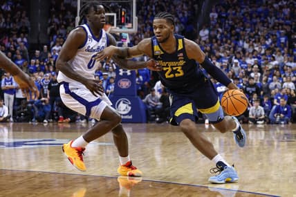 Jan 21, 2023; Newark, New Jersey, USA; Marquette Golden Eagles forward David Joplin (23) dribbles against Seton Hall Pirates guard Kadary Richmond (0) during the first half at Prudential Center. Mandatory Credit: Vincent Carchietta-USA TODAY Sports