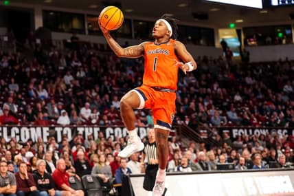 Jan 21, 2023; Columbia, South Carolina, USA; Auburn Tigers guard Wendell Green Jr. (1) drives for a layup against the South Carolina Gamecocks in the second half at Colonial Life Arena. Mandatory Credit: Jeff Blake-USA TODAY Sports