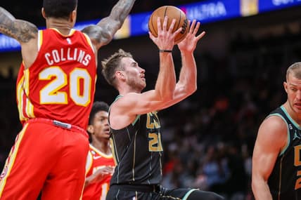 Jan 21, 2023; Atlanta, Georgia, USA; Charlotte Hornets forward Gordon Hayward (20) shoots against the Atlanta Hawks in the second quarter at State Farm Arena. Mandatory Credit: Brett Davis-USA TODAY Sports