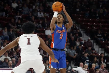 Jan 21, 2023; Starkville, Mississippi, USA; Florida Gators forward Alex Fudge (3) shoots for three during the first half  against the Mississippi State Bulldogs at Humphrey Coliseum. Mandatory Credit: Petre Thomas-USA TODAY Sports
