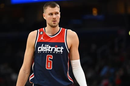 Jan 21, 2023; Washington, District of Columbia, USA; Washington Wizards center Kristaps Porzingis (6) looks on against the Orlando Magic during the first half at Capital One Arena. Mandatory Credit: Brad Mills-USA TODAY Sports